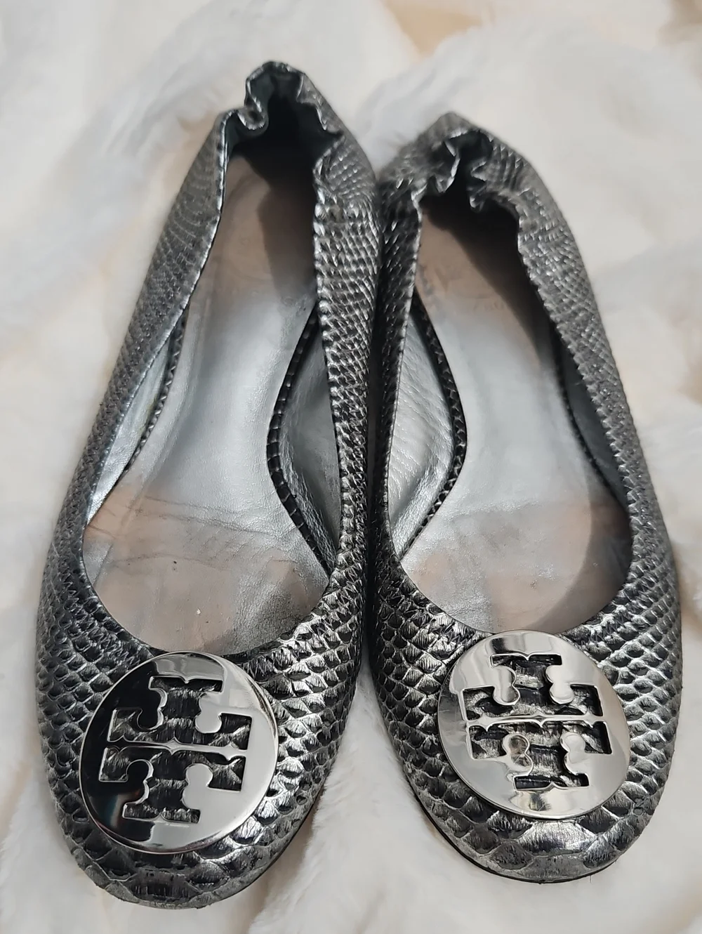 Tory Burch Metallic Black Snake-Embossed Ballet Flats